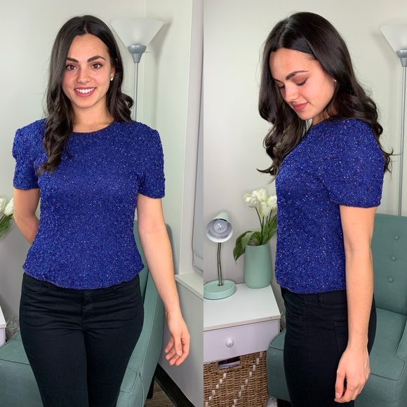Adrianna Papell Tops - Adrianna Papell Beaded Blue Short Sleeve Silk Top